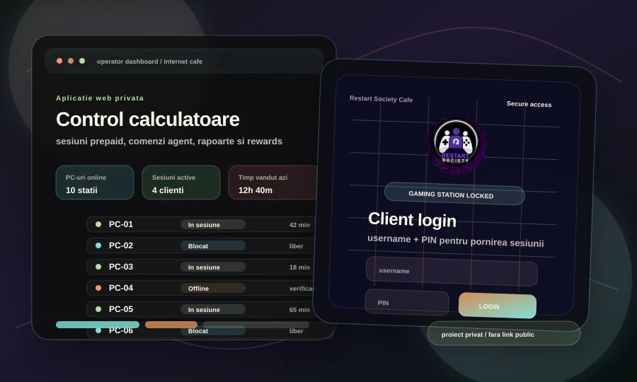 Dashboard web Internet Cafe Manager cu sesiuni prepaid și rapoarte operaționale