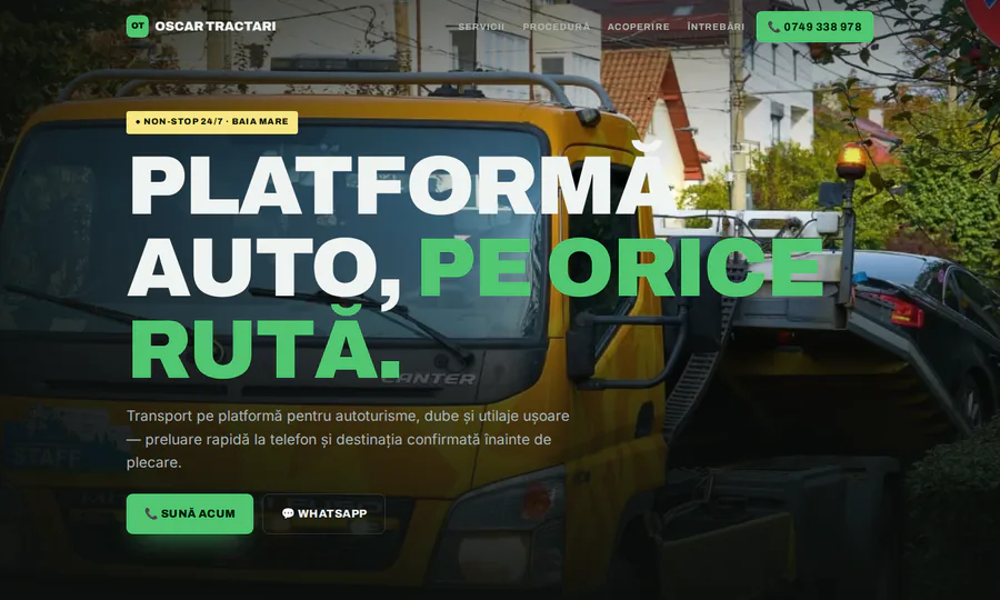 Redesignul site-ului Oscar Tractări, cu fotografie reală și identitate verde