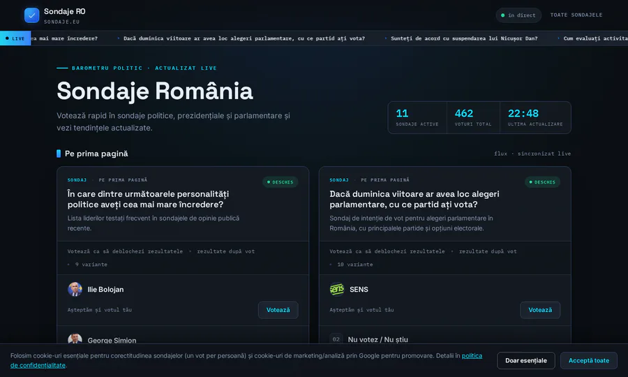 Platforma Sondaje RO pe sondaje.eu, cu sondaje și rezultate actualizate live