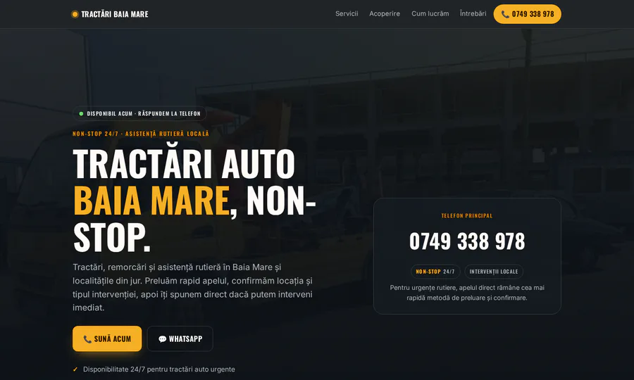 Redesignul site-ului Tractări Baia Mare, cu design industrial dark și contact rapid